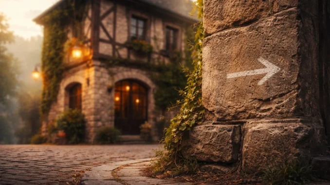 Detail kamenného rohu s naznačenou šipkou u historického domu, fotorealistické geocaching místo.