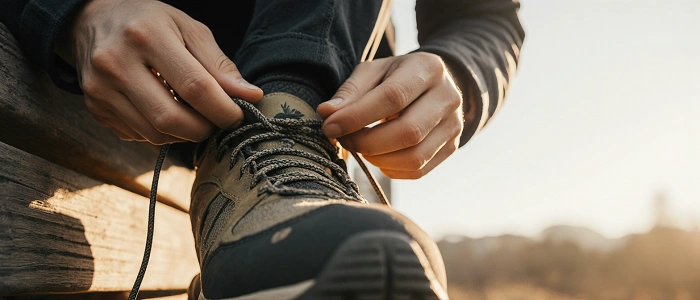 detail rukou vážících tkaničky na outdoorové botě při geocachingu