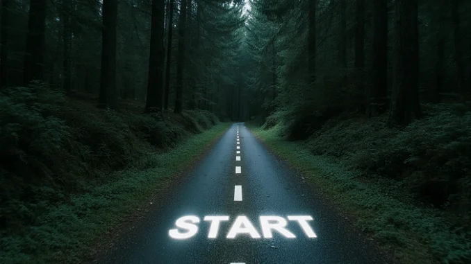 Startovní čára na lesní silnici symbolizující nový začátek a novoroční předsevzetí v geocachingu