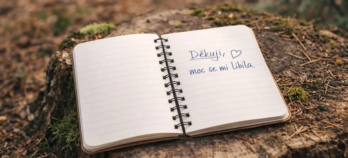 Otevřený logbook na pařezu s ručně psaným poděkováním geocaching