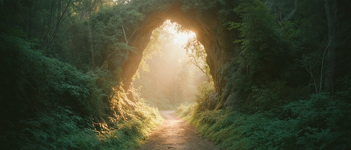 Lesní stezka vedoucí světlem jako metafora role Favorite Points v geocachingu