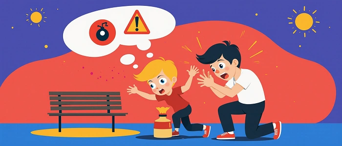 komiksová ilustrace dítěte a dospělého mylně považujících geocache za nebezpečný předmět