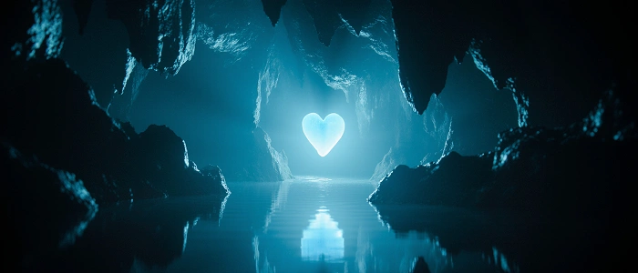 Svítící modré srdce v jeskyni jako symbol kvalitních geocachingových keší