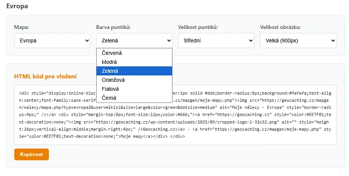 nastavení barvy a velikosti puntíků v nástroji Moje mapy pro geocaching