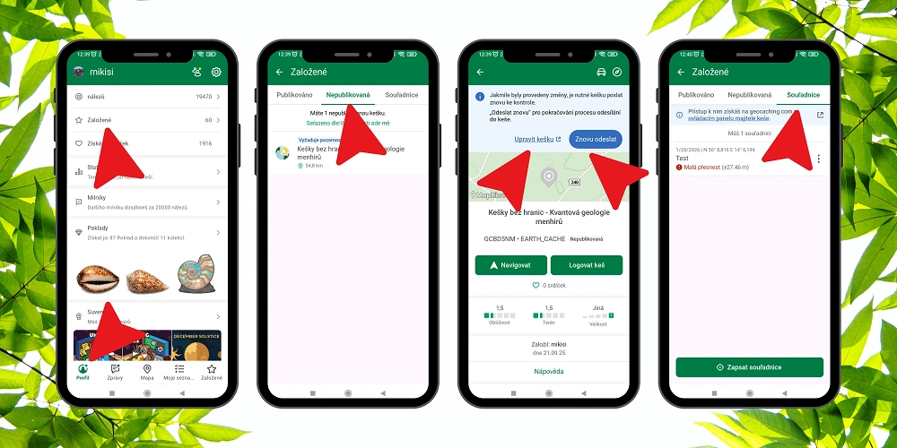ukázka nových funkcí v aplikaci geocaching pro ownery na mobilní obrazovce