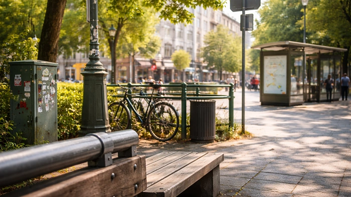 městská ulice s lavičkou, zábradlím a mobiliářem – prostředí pro městský geocaching