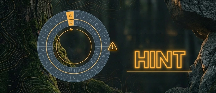 Šifra a geocachingový hint zvýrazněný v terénní scéně