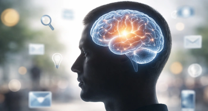 silueta hlavy s glow mozkem a rozostřenými ikonami – mozek filtruje realitu