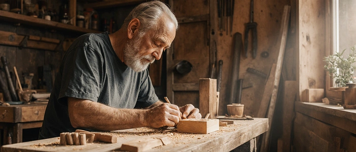 starší muž vyrábějící dřevěnou krabičku v truhlářské dílně