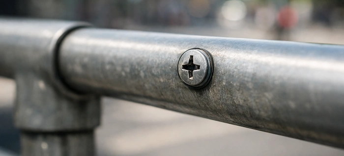 detail kovového zábradlí se skrytým geocachingovým šroubem – hide in plain sight