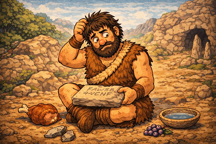 Venouš sedí venku a luští kód vyrytý do kamene