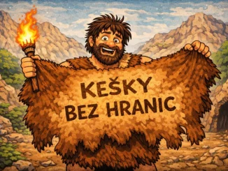 Ilustrace Venouše s kožešinovým nápisem Kešky bez hranic v pravěké krajině