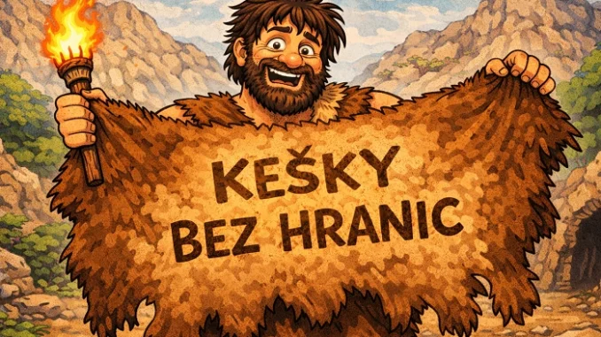 Ilustrace Venouše s kožešinovým nápisem Kešky bez hranic v pravěké krajině