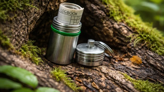 ukrytá mikro keš v přírodě detailní pohled