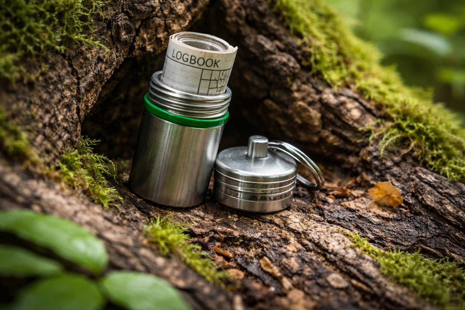 ukrytá mikro keš v přírodě detailní pohled