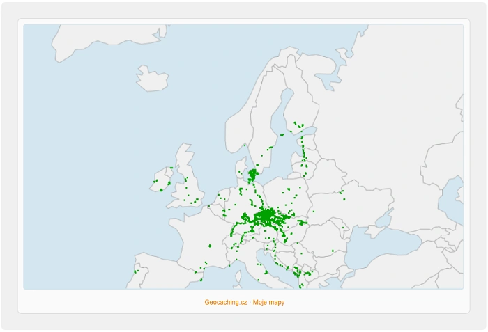 evropská mapa s označenými geocache nálezy zelenými body