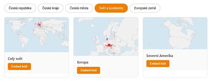 přehled map světa, Evropy a Severní Ameriky pro geocachingové statistiky s možností embed kódu