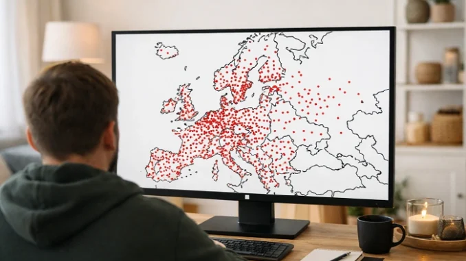 uživatel sleduje mapu Evropy s červenými tečkami geocache nálezů