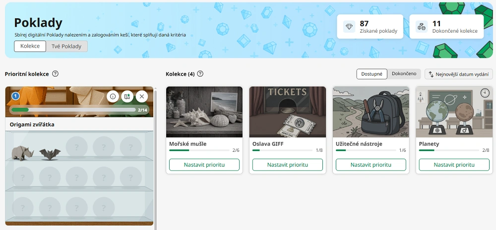 Nový vzhled sekce Treasures v geocachingovém profilu – náhled kolekcí a pokladů
