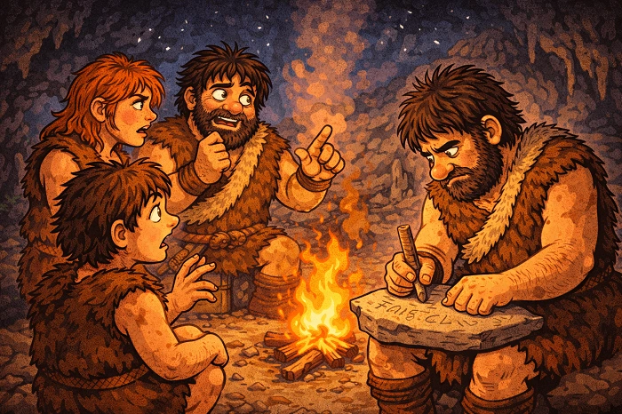 Pravěká rodina u ohně řeší hádanku na kameni v jeskyni