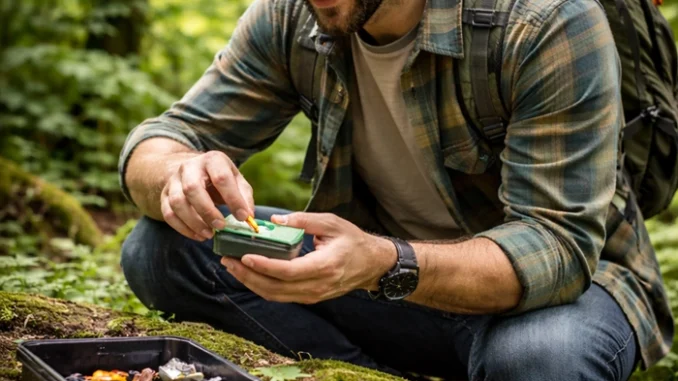 owner zakládající novou geocache v lese detail