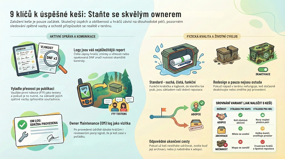 Infografika: 9 klíčů k úspěšné geocachingové keši a role spolehlivého ownera