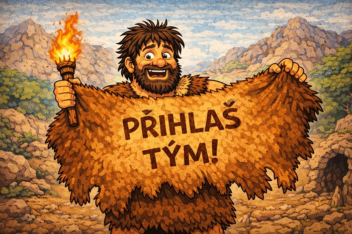 Venouš drží kožešinu s nápisem Přihlaš tým v pravěké krajině