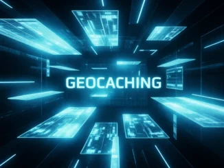digitální rozhraní geocachingu s futuristickými panely a neonovým nápisem geocaching