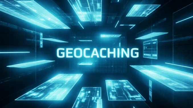 digitální rozhraní geocachingu s futuristickými panely a neonovým nápisem geocaching
