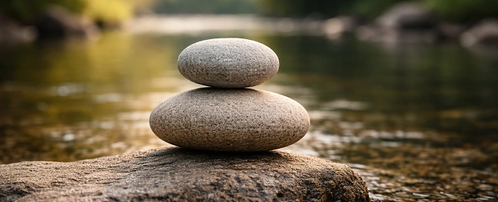 dva vyvážené kameny na břehu řeky – symbol rovnováhy