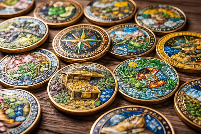 geocachingové trackables připravené na cestu