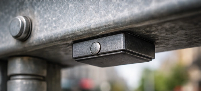 magnetická geocachingová keš přichycená pod kovovou konstrukcí