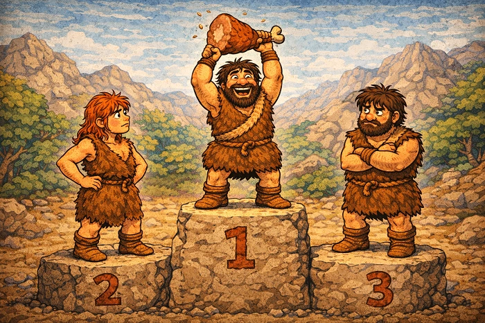 Pravěký vítěz stojí na stupni vítězů a drží nad hlavou kus pečeného masa
