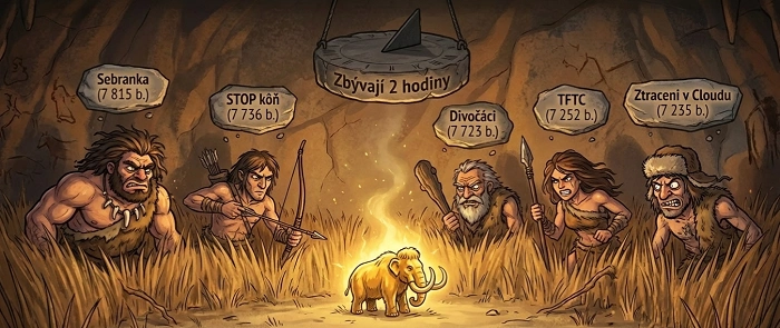 pět pravěkých týmů soupeří u ohně o mamuta, tabule skóre závodu Kešky bez hranic online 2026