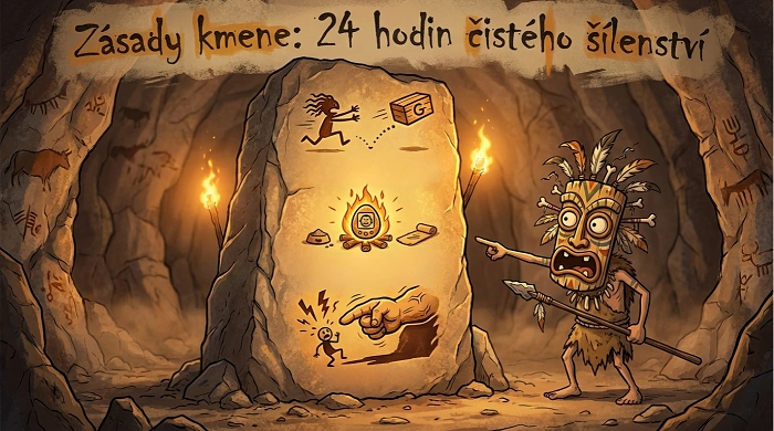 pravěká kamenná tabule s pravidly kmene a šamanem, ilustrace strategie vítězného týmu Ztracení v cloudu
