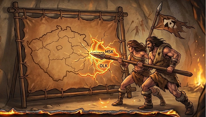 pravěcí bojovníci ukazují kopím na mapu Česka s označenými regiony MSK a OLK, ilustrace strategie závodu Kešky bez hranic
