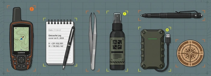 geocaching výbava repelent pinzeta GPS zápisník ochrana proti klíšťatům