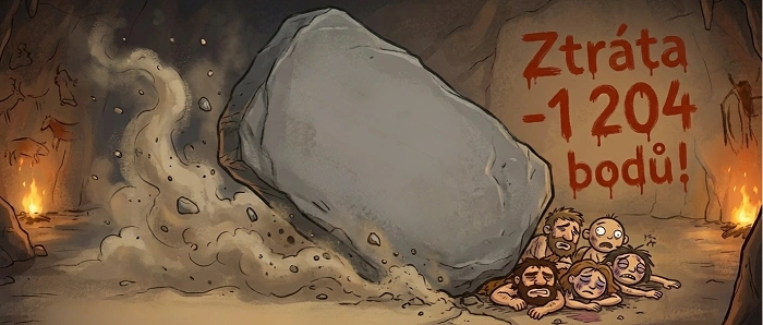 pravěká ilustrace týmu zavaleného balvanem se ztrátou −1204 bodů, symbol chyby strategie v závodu Kešky bez hranic