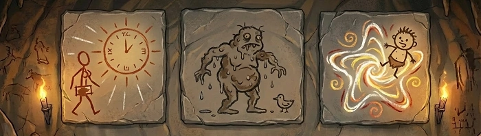 pravěké jeskynní malby znázorňující čas, blátivou postavu a vír kreativity, ilustrace kreativních výzev v geocachingu