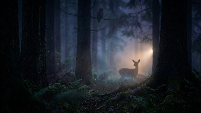 srnka v lese v noci, mlha, světlo čelovky mezi stromy, noční geocaching