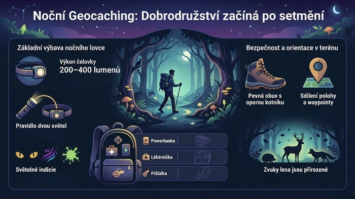infografika noční geocaching, vybavení čelovka, bezpečnost, waypointy, les v noci