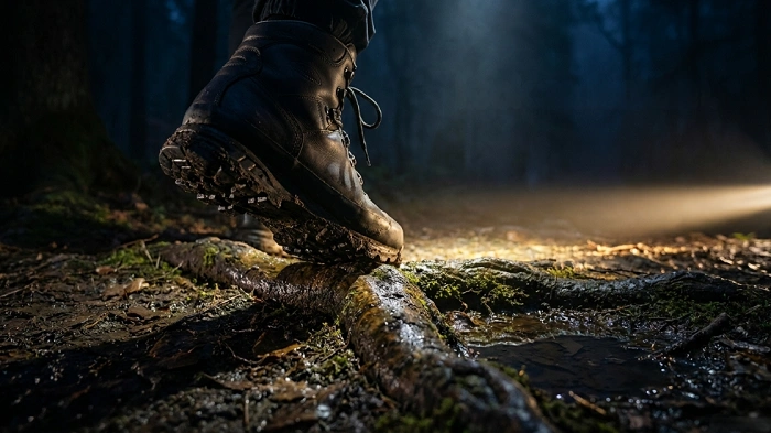 turistická bota na kořeni v lese v noci, čelovka osvětluje terén, noční geocaching