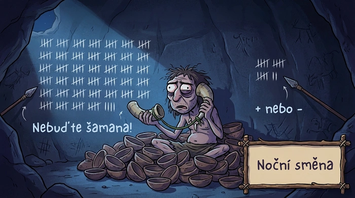 unavený pravěký muž v jeskyni zapisuje čárky na zeď a telefonuje, ilustrace noční směny závodu Kešky bez hranic online