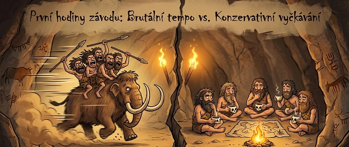 pravěcí lovci na mamutovi vs. tým u mapy u ohně, ilustrace strategie startu závodu Kešky bez hranic online