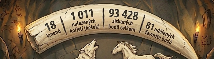 pravěká kamenná tabule se statistikami závodu Kešky bez hranic online 2026, počet keší, bodů a favorite bodů