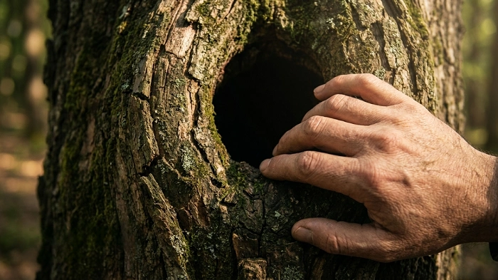 ruka v dutině stromu, hledání keše, geocaching v lese, skrýš v přírodě