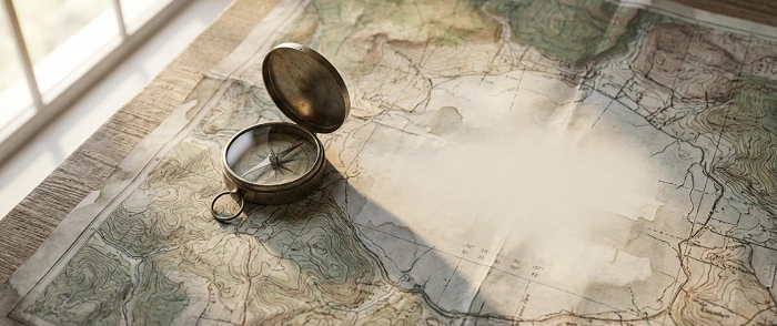 kompas na mapě detail navigace plánování trasy geocaching