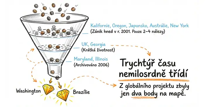 A.P.E. keše přehled mapa zánik keší geocaching infografika