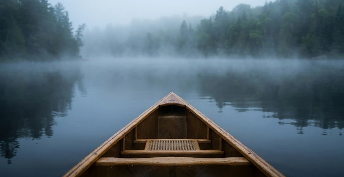 kánoe na klidné řece v mlze uprostřed lesní divočiny geocaching expedice