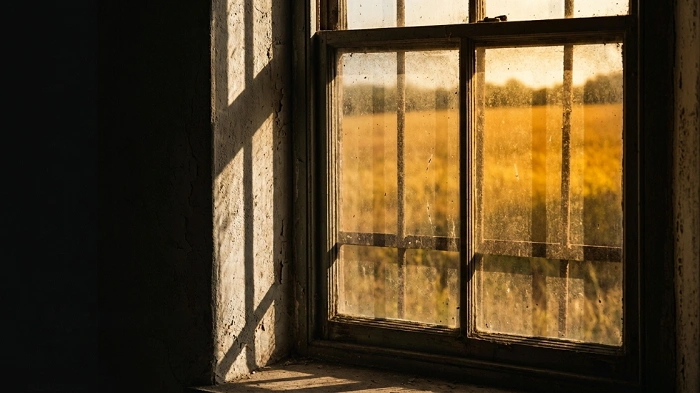 okno farmy ve Virginii, sluneční světlo, venkovská krajina, dětství Gladys West